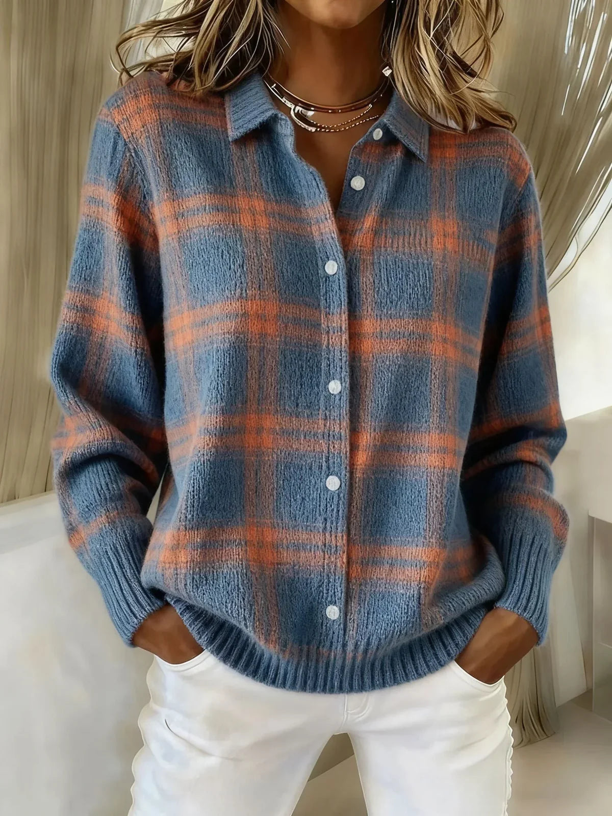 Eleonora Plaid Shirt-Collar Cardigan - Blue & Orange