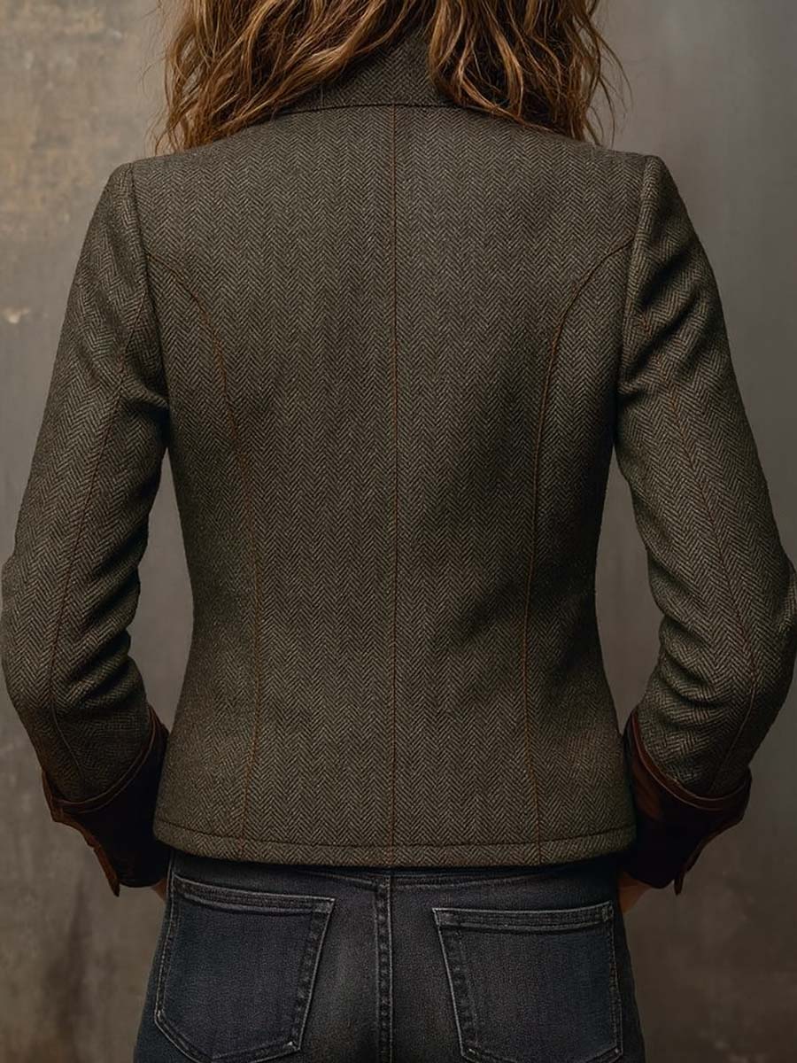Bella Vintage Herringbone Contrast-Trim Blazer