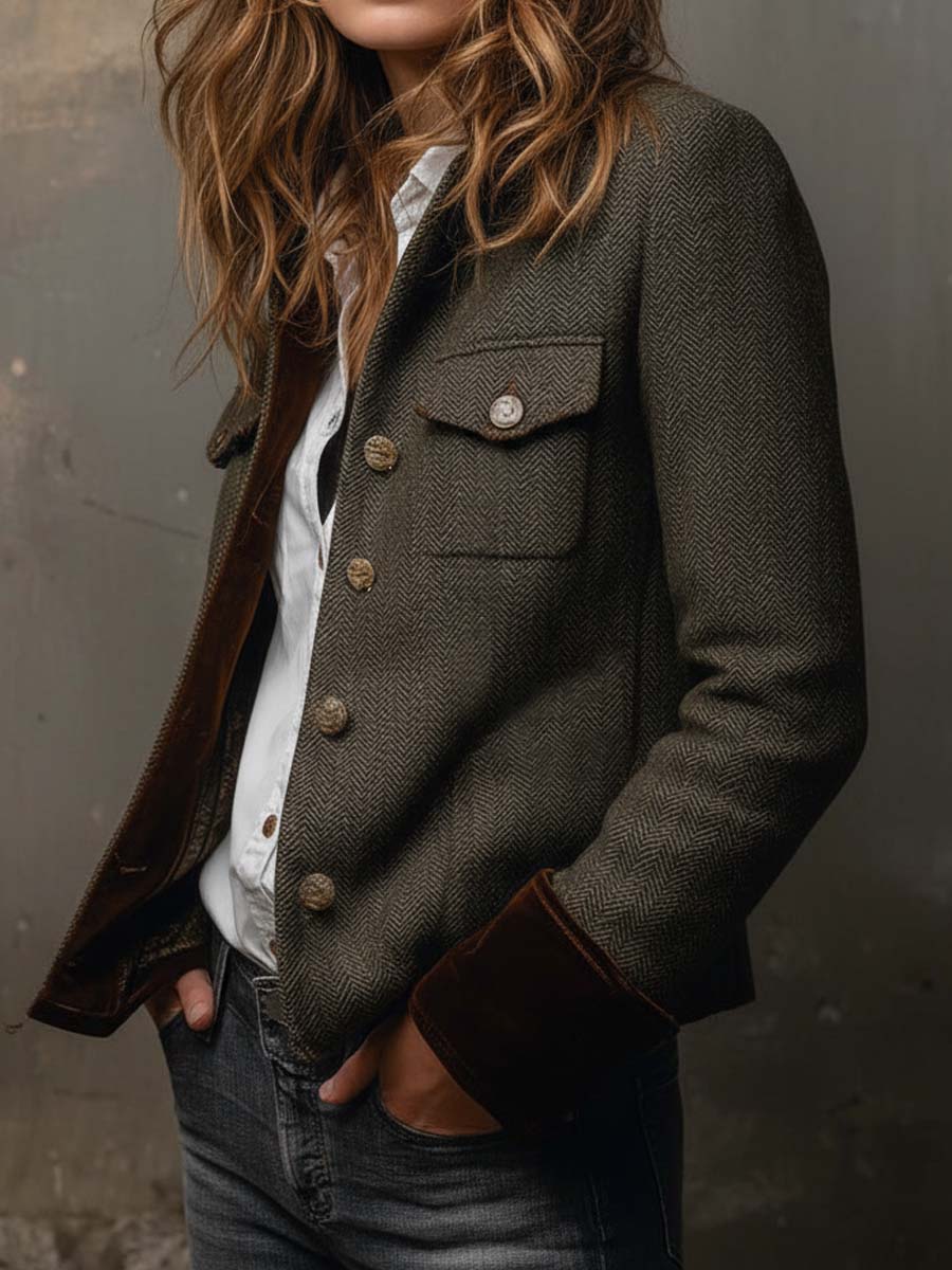 Bella Vintage Herringbone Contrast-Trim Blazer
