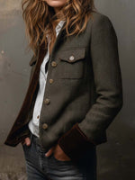 Bella Vintage Herringbone Contrast-Trim Blazer