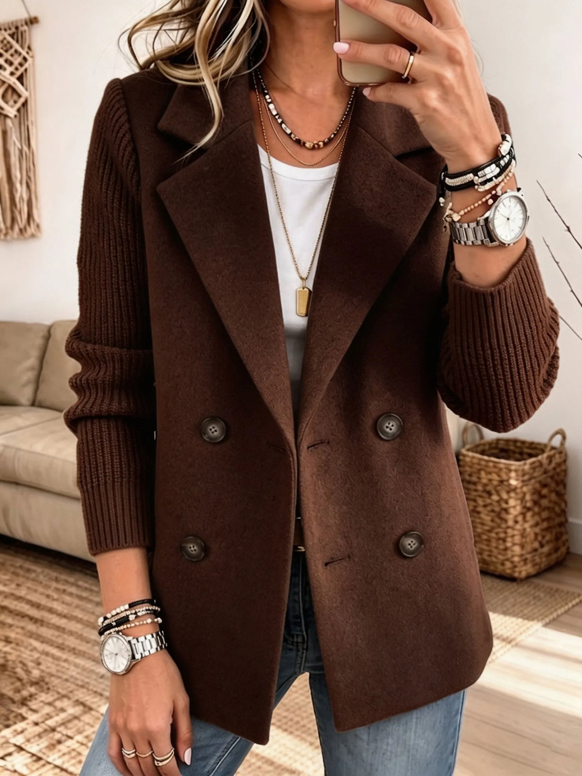 Harlow Knit Sleeve Blazer - Brown