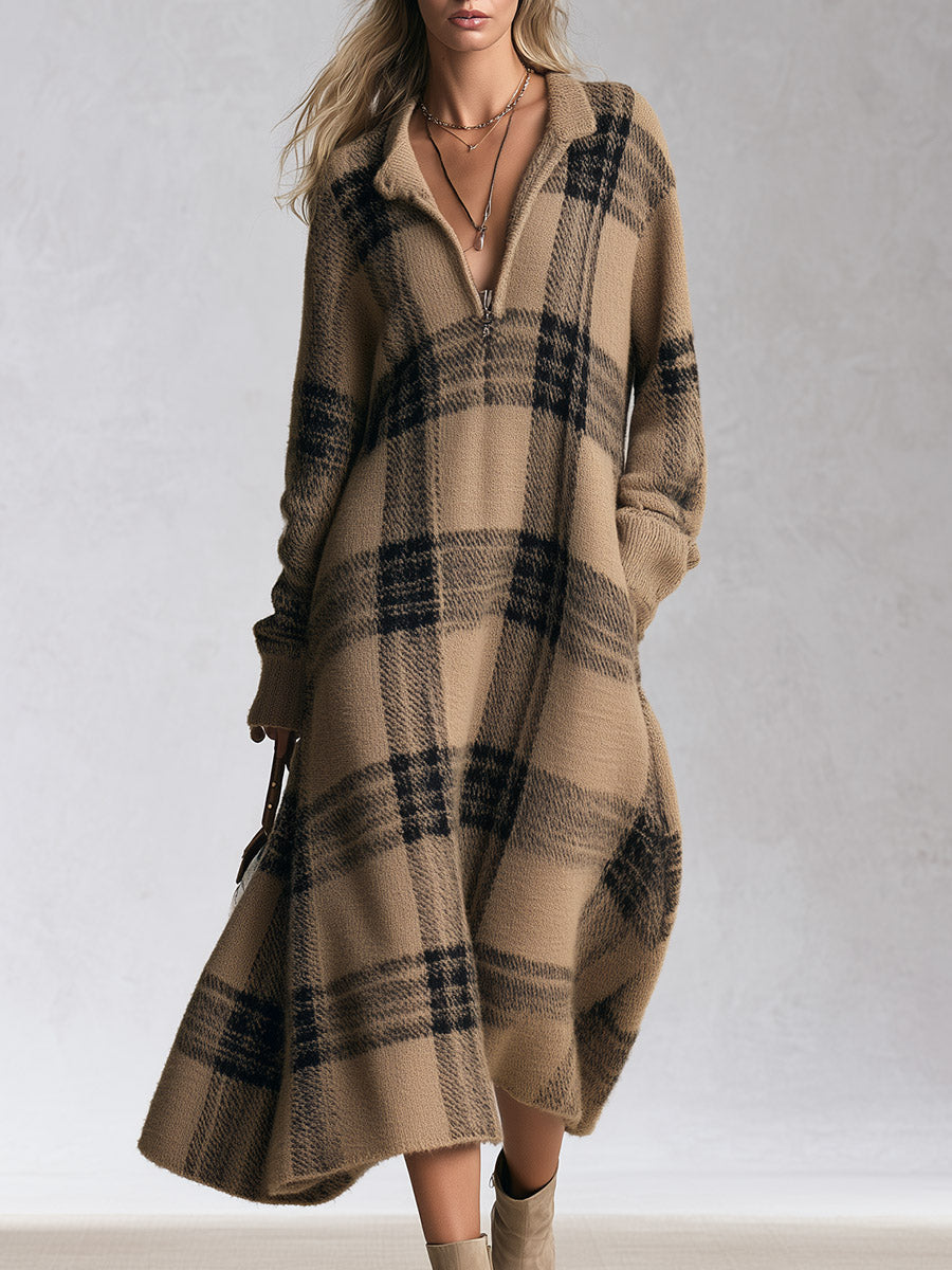 Gemma Plaid Knit Half-Zip Midi Dress