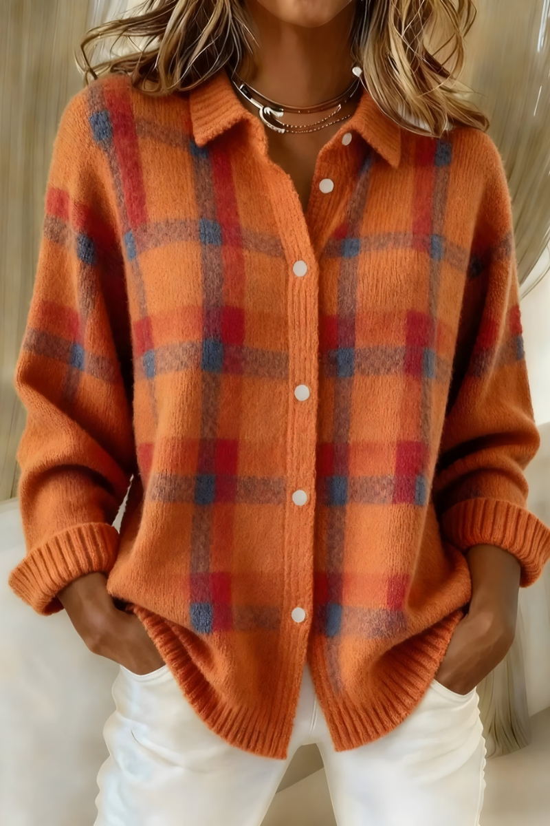 Eleonora Plaid Shirt-Collar Cardigan - Orange