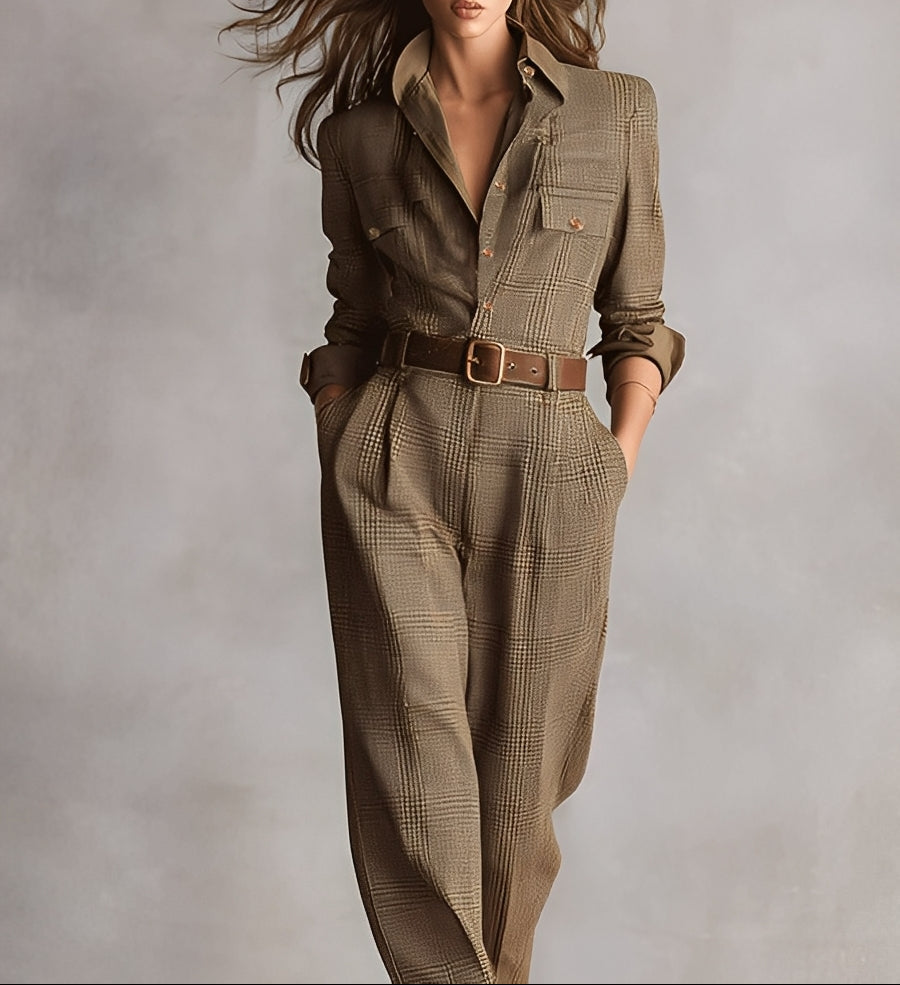 Arianna Belted Tweed-Look Jumpsuit