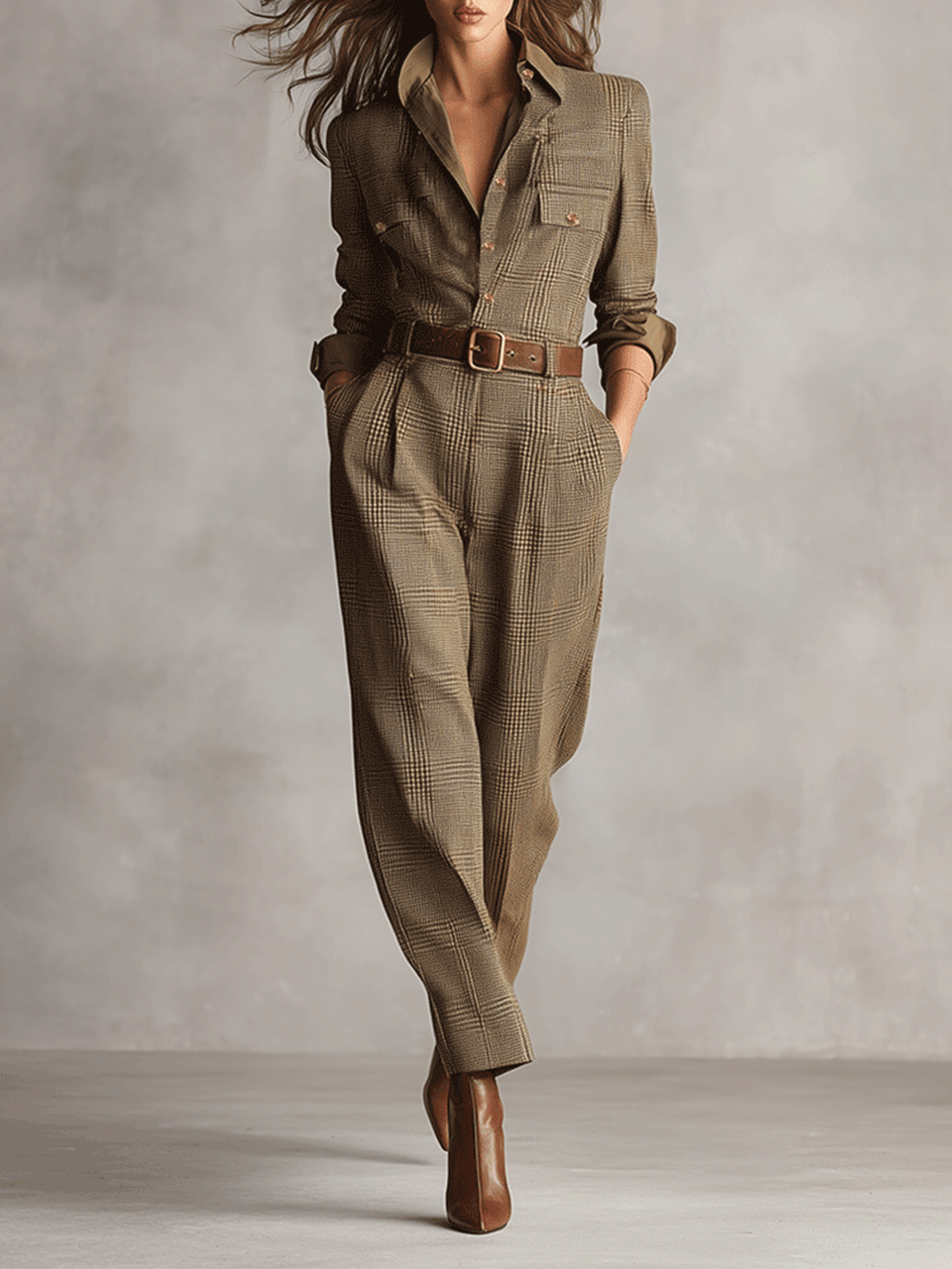 Arianna Belted Tweed-Look Jumpsuit