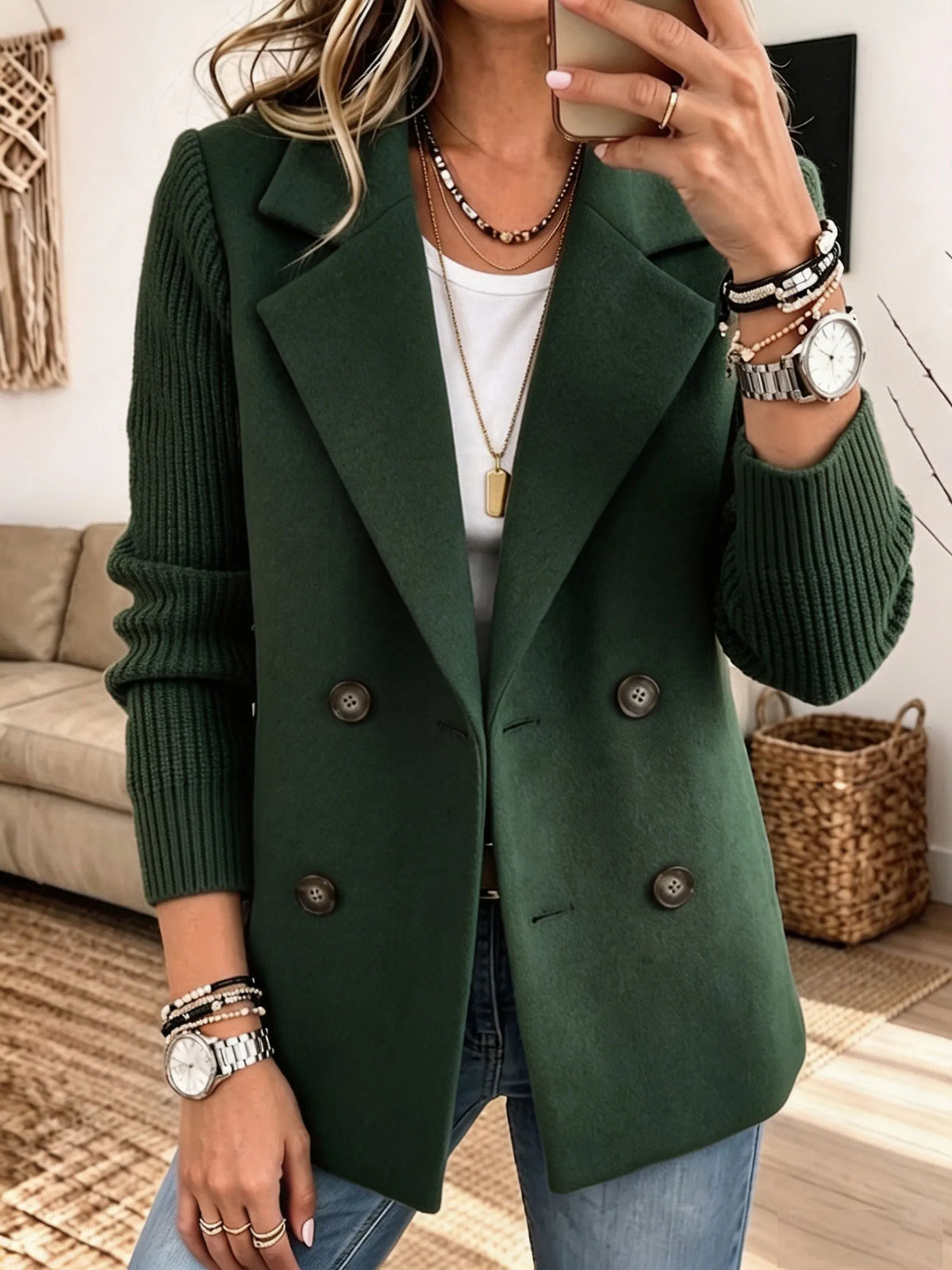 Harlow Knit Sleeve Blazer - Green