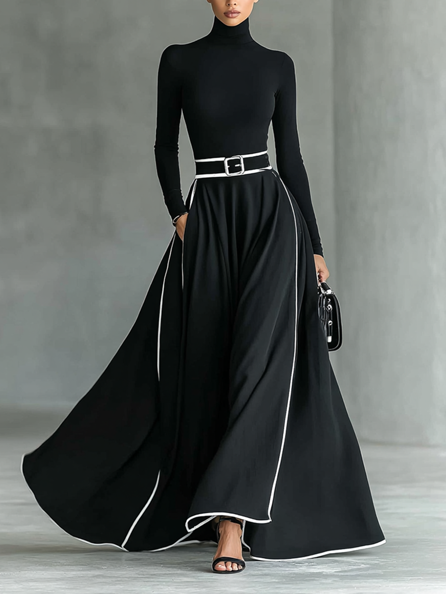 Gina Contrast-Trim Turtleneck Maxi Dress