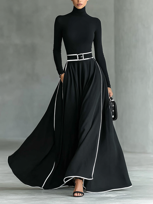 Gina Contrast-Trim Turtleneck Maxi Dress