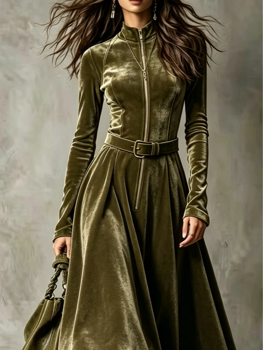Federica Velvet Belted Zip Maxi Dress