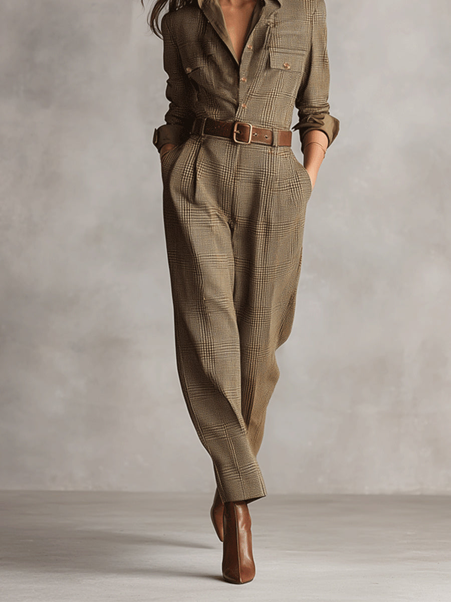Arianna Belted Tweed-Look Jumpsuit