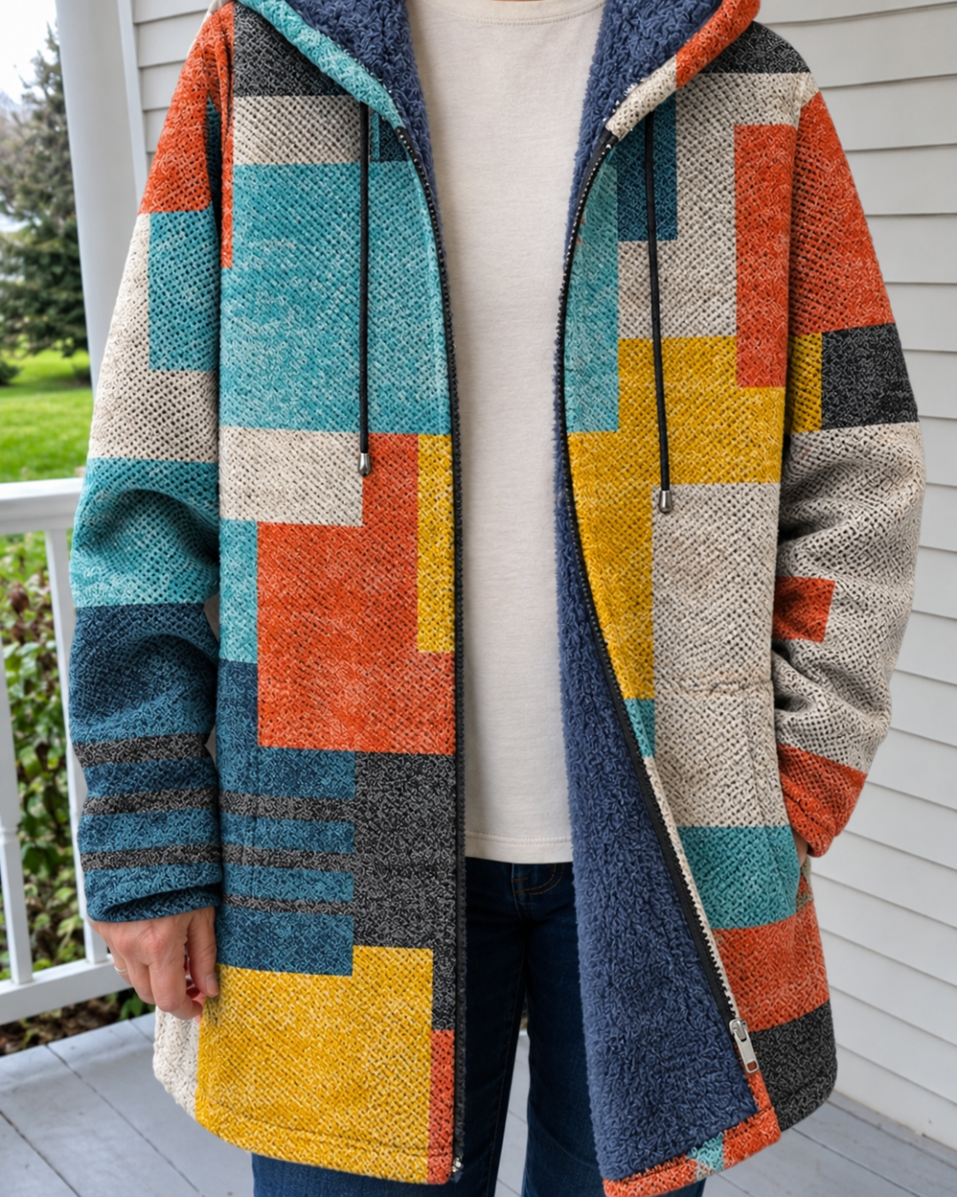 Federico patchwork hooded coat - Teal Blocks