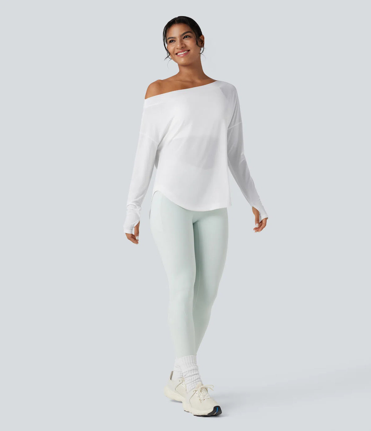 One Shoulder Long Sleeve Thumb Hole Curved Hem High Low Quick Dry Yoga Sports Top-Built-in Bra