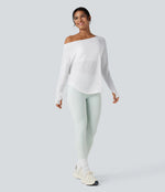 One Shoulder Long Sleeve Thumb Hole Curved Hem High Low Quick Dry Yoga Sports Top-Built-in Bra