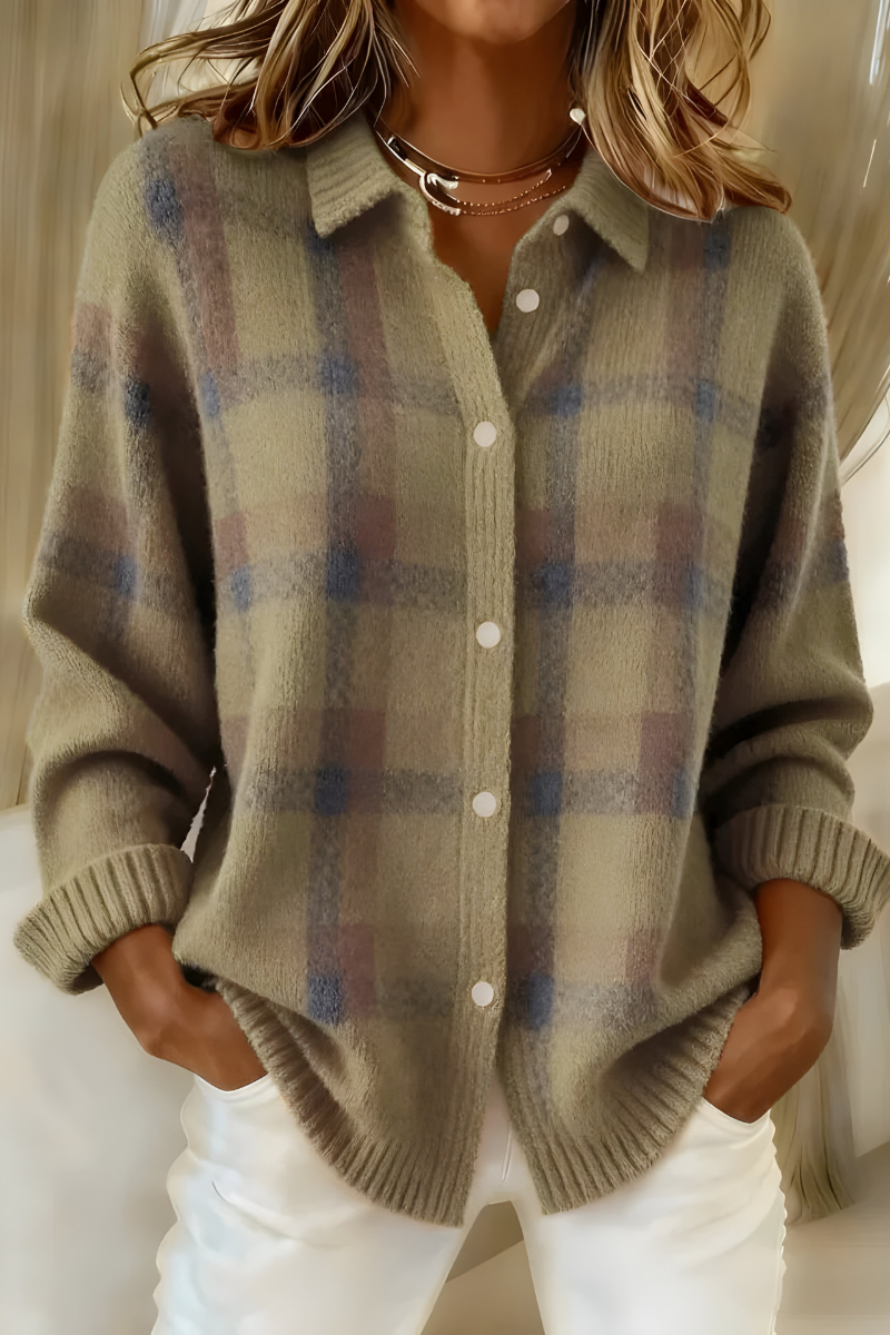 Eleonora Plaid Shirt-Collar Cardigan - Brown