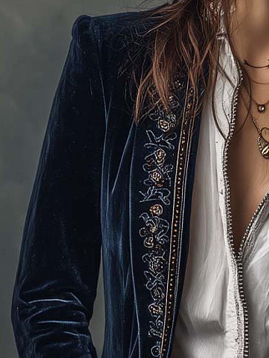 Chiara embroidered longline jacket - navy