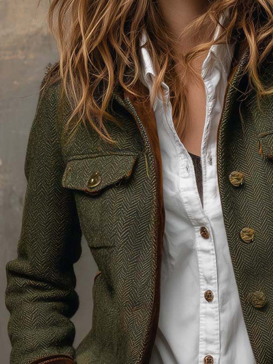 Bella Vintage Herringbone Contrast-Trim Blazer