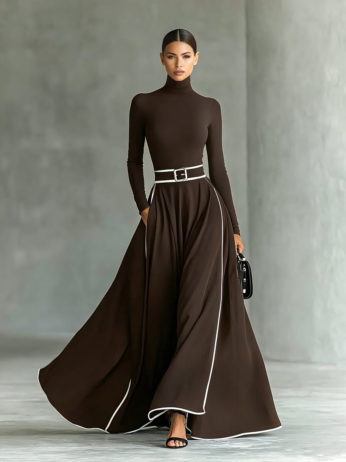 Gina Contrast-Trim Turtleneck Maxi Dress