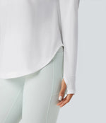 One Shoulder Long Sleeve Thumb Hole Curved Hem High Low Quick Dry Yoga Sports Top-Built-in Bra