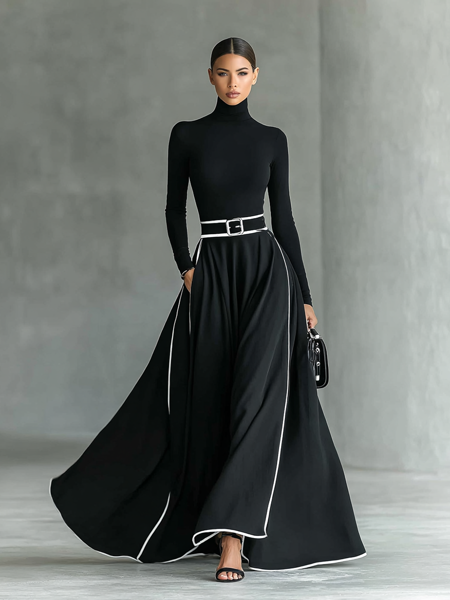 Gina Contrast-Trim Turtleneck Maxi Dress