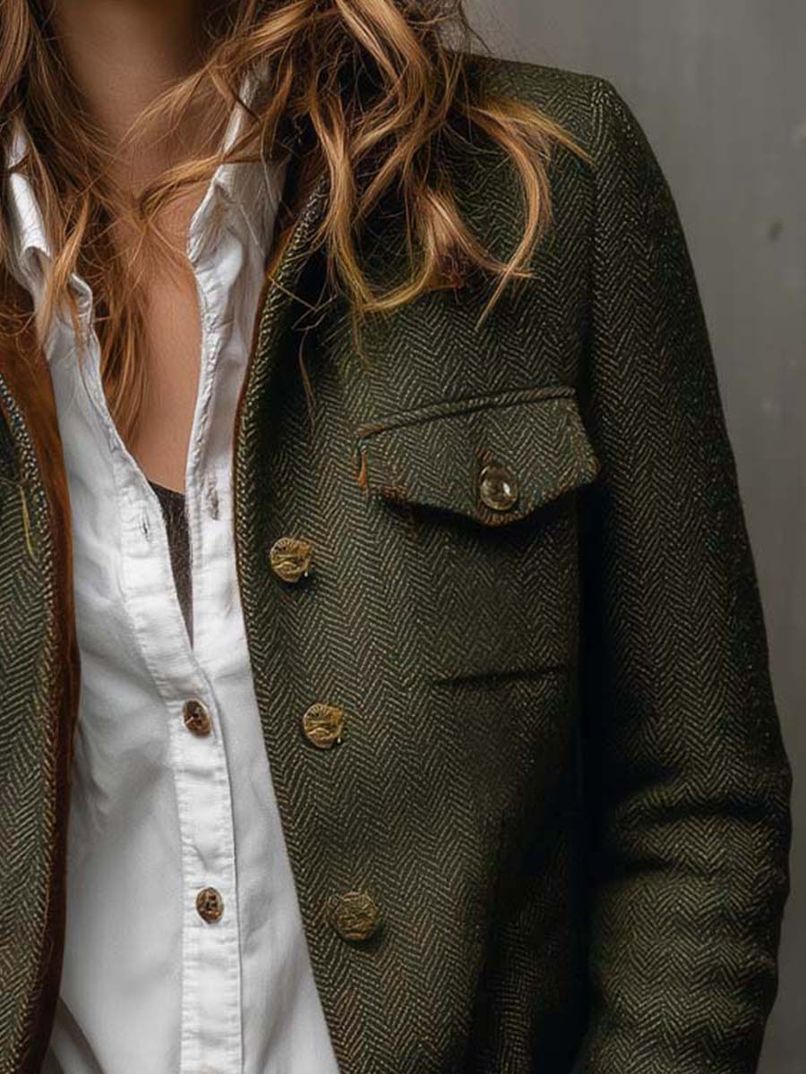 Bella Vintage Herringbone Contrast-Trim Blazer