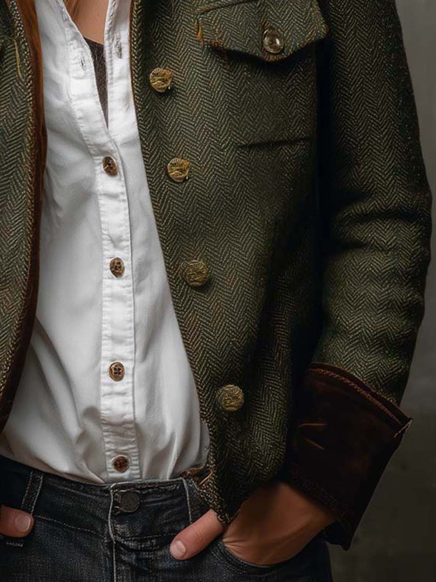 Bella Vintage Herringbone Contrast-Trim Blazer