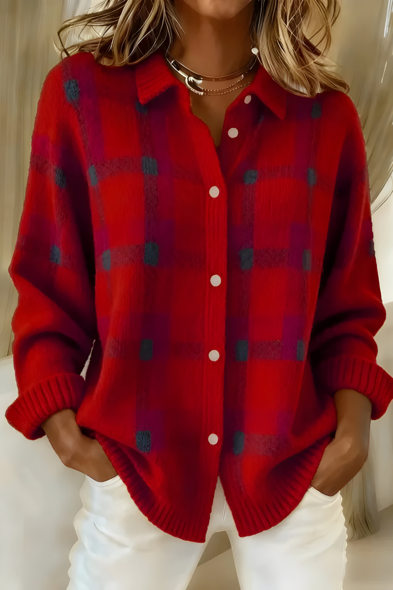 Eleonora Plaid Shirt-Collar Cardigan - Red