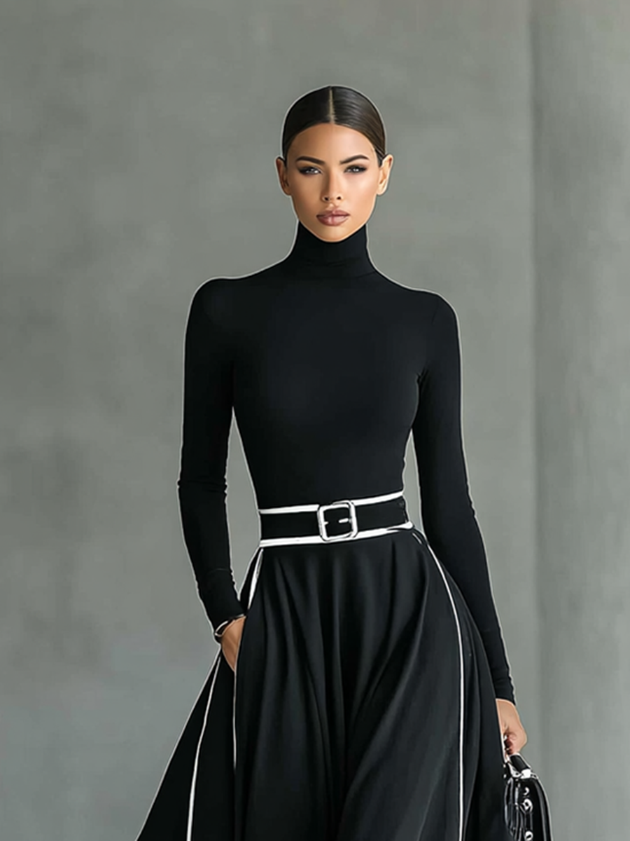 Gina Contrast-Trim Turtleneck Maxi Dress