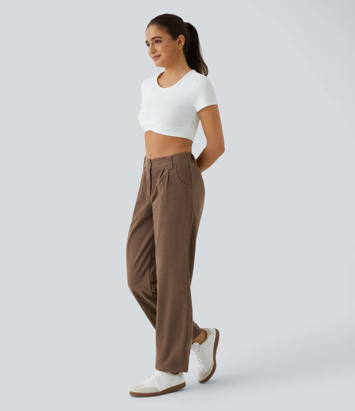 Mid Rise Zipper Pocket Corduroy Casual Trousers