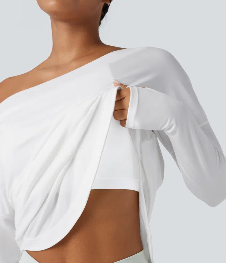 One Shoulder Long Sleeve Thumb Hole Curved Hem High Low Quick Dry Yoga Sports Top-Built-in Bra