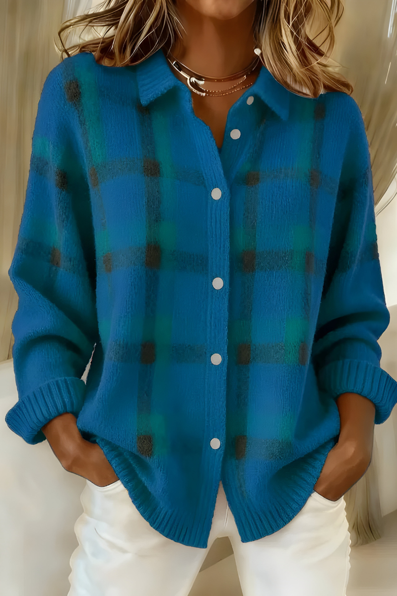 Eleonora Plaid Shirt-Collar Cardigan - Blue