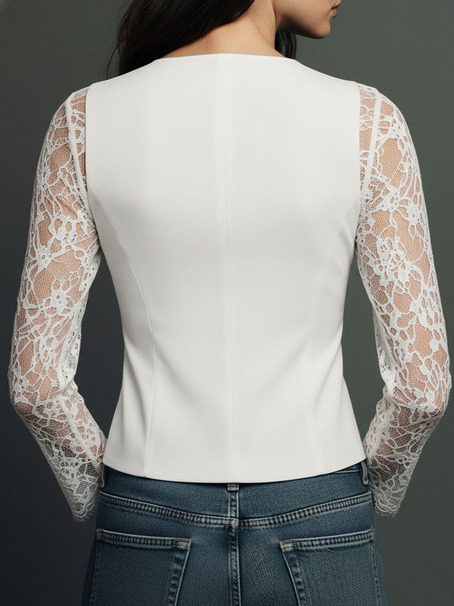 Vittoria lace-sleeve blazer - white, back view