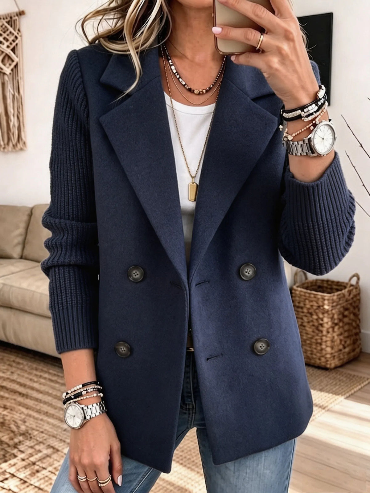 Harlow Knit Sleeve Blazer - Navy