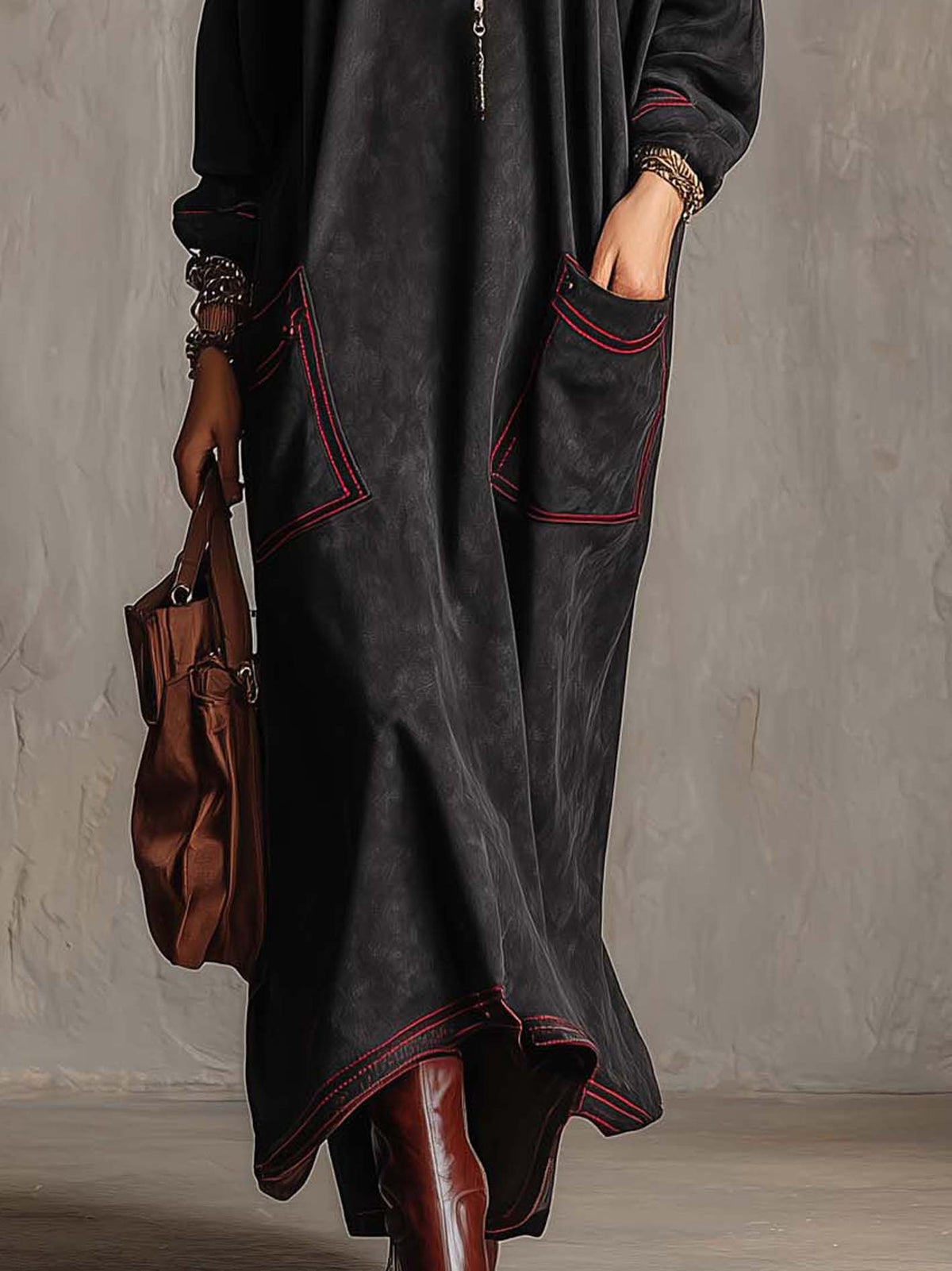 Lucia Contrast-Stitch Suede-Look Maxi Dress