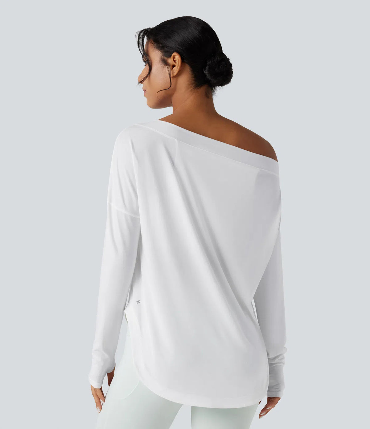 One Shoulder Long Sleeve Thumb Hole Curved Hem High Low Quick Dry Yoga Sports Top-Built-in Bra