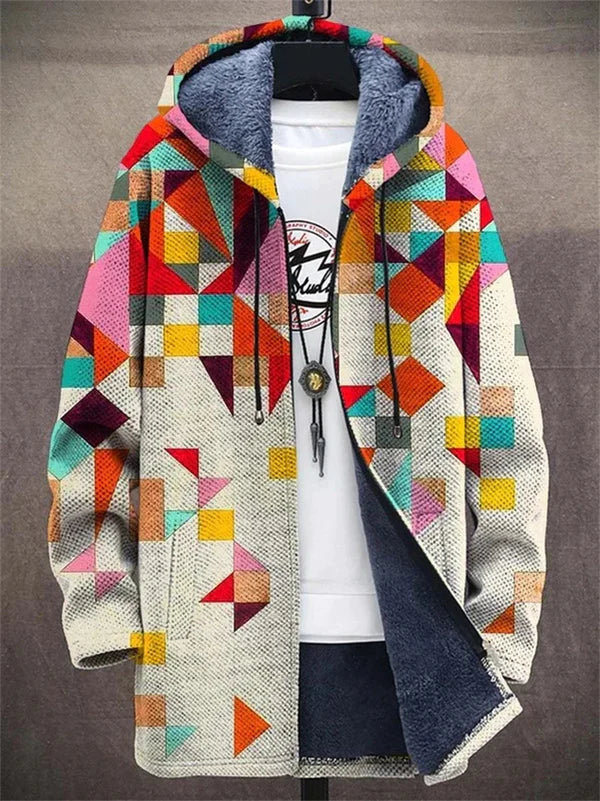 Federico patchwork hooded coat - Cream Geometric