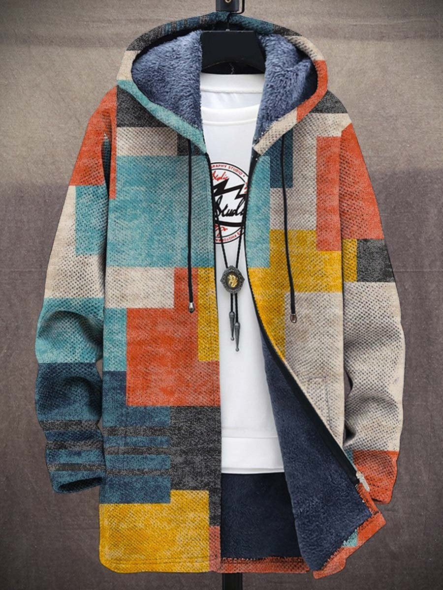 Rosalia Patchwork Hooded Fleece Cardigan - Blue Multicolor