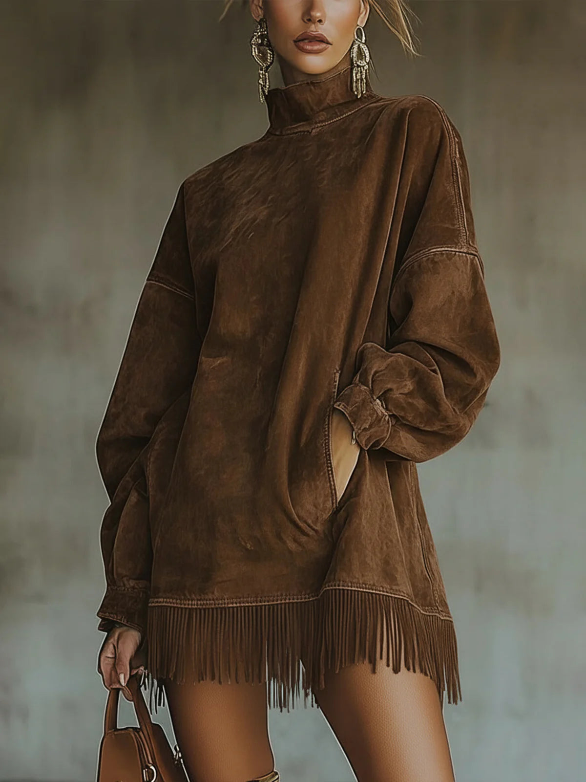 Susanna Fringe-Hem Suede-Look Turtleneck Dress