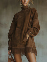 Susanna Fringe-Hem Suede-Look Turtleneck Dress