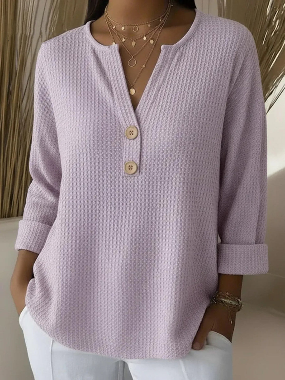 Wanda Honeycomb Henley Top - Lilac