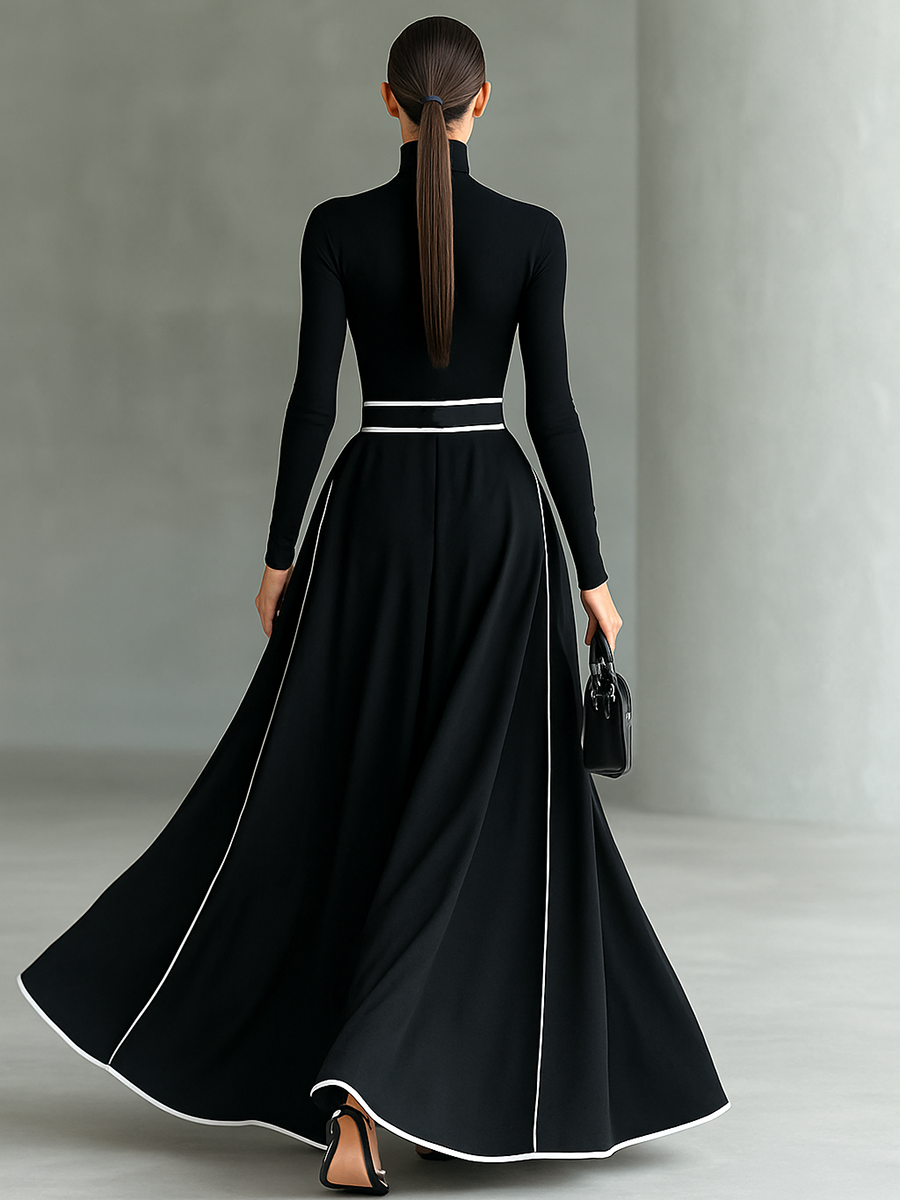 Gina Contrast-Trim Turtleneck Maxi Dress
