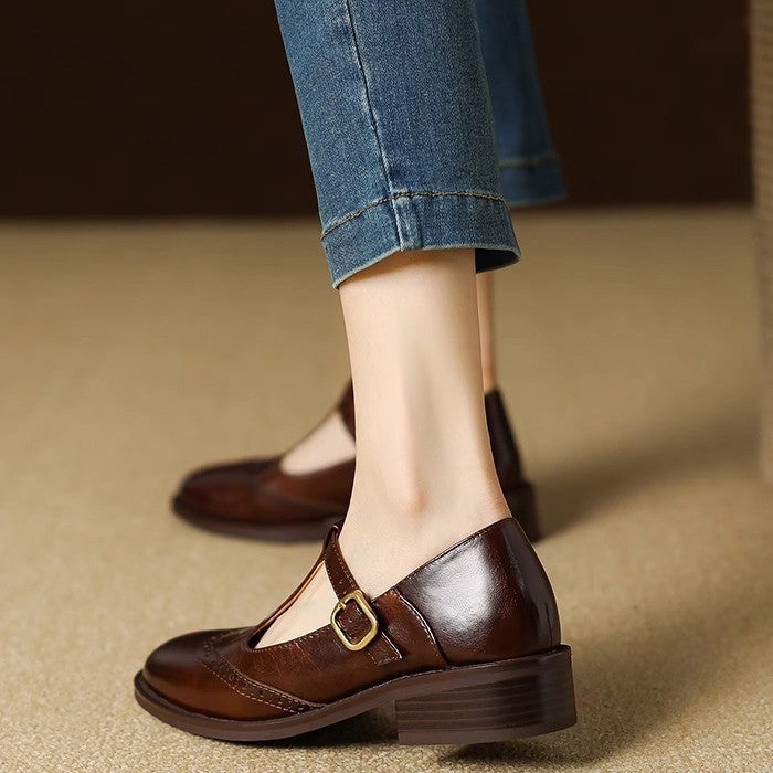 Vintage T-Strap Mary Jane Shoes - Brown