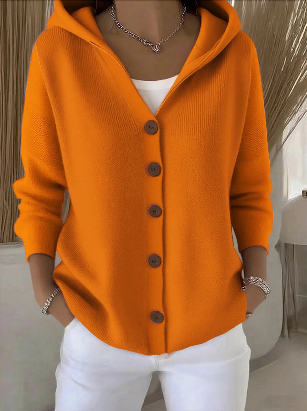 Ginevra Hooded Button Cardigan - Orange