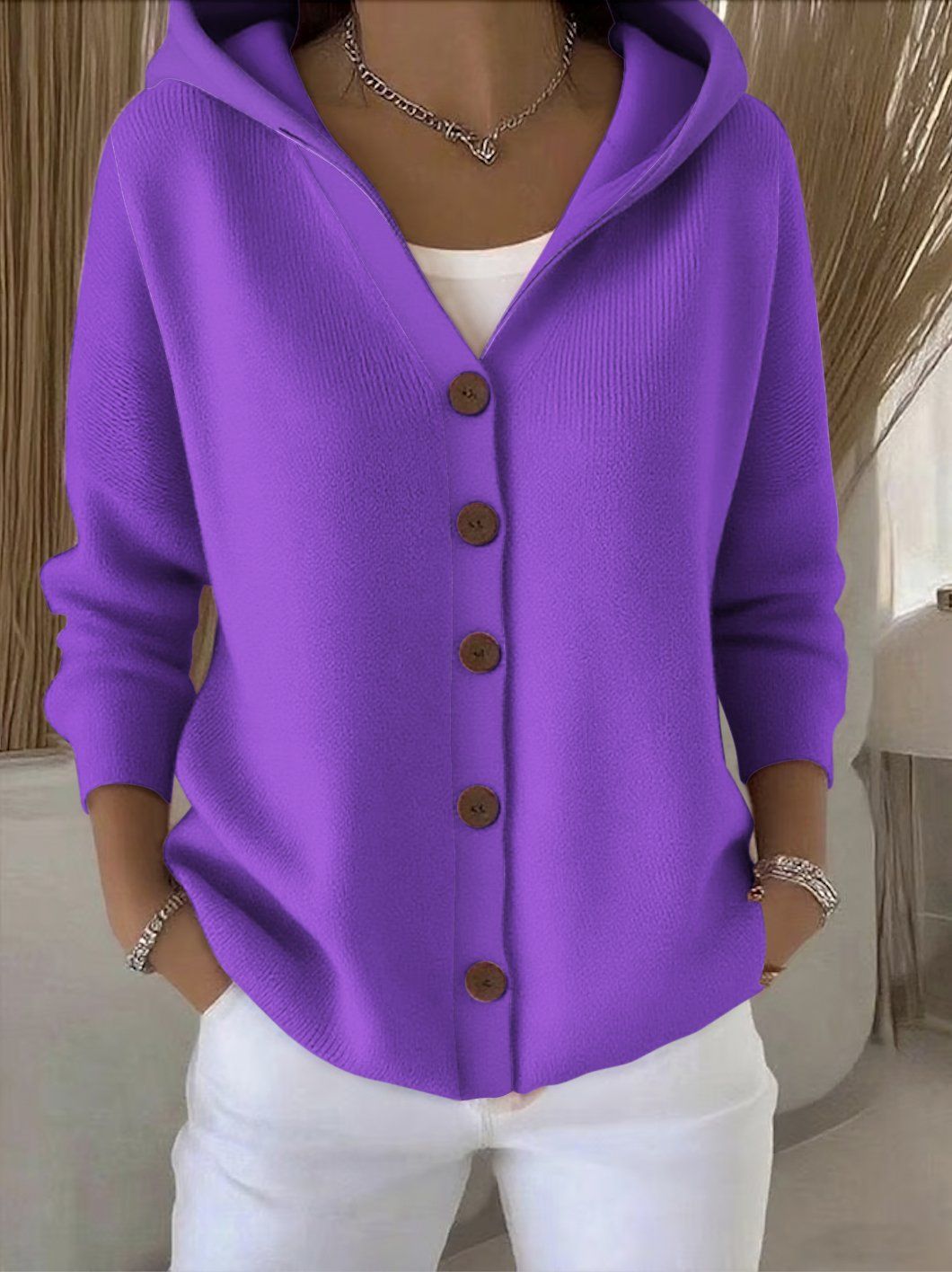 Ginevra Hooded Button Cardigan - Purple