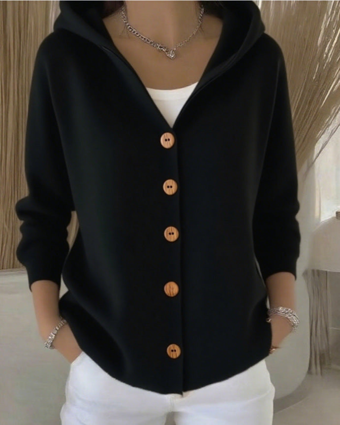 Ginevra Hooded Button Cardigan - Black