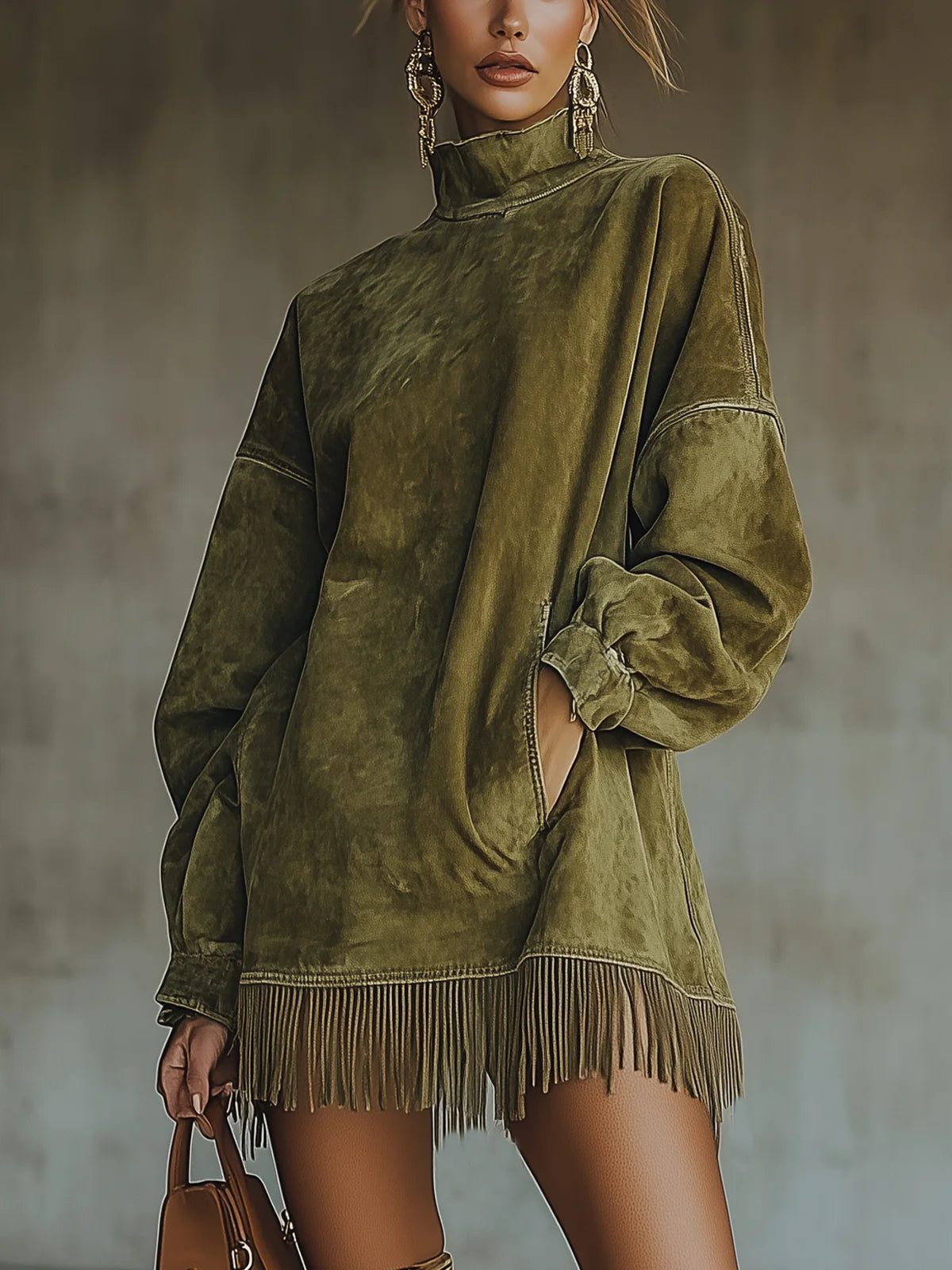Susanna Fringe-Hem Suede-Look Turtleneck Dress