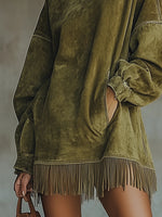 Susanna Fringe-Hem Suede-Look Turtleneck Dress
