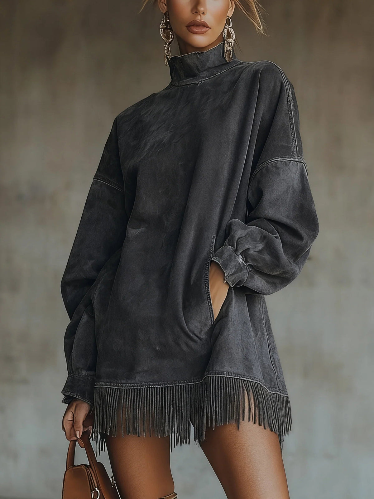 Susanna Fringe-Hem Suede-Look Turtleneck Dress