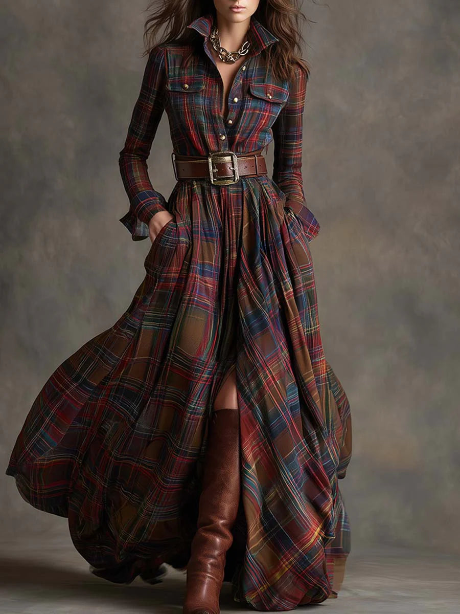 Jessica Belted Plaid Maxi Shirt Dress