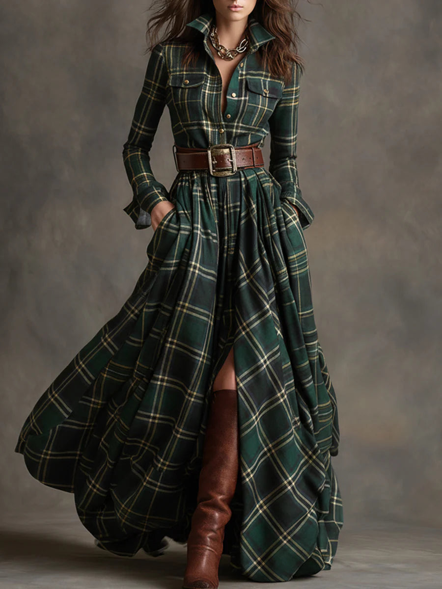 Jessica Belted Plaid Maxi Shirt Dress