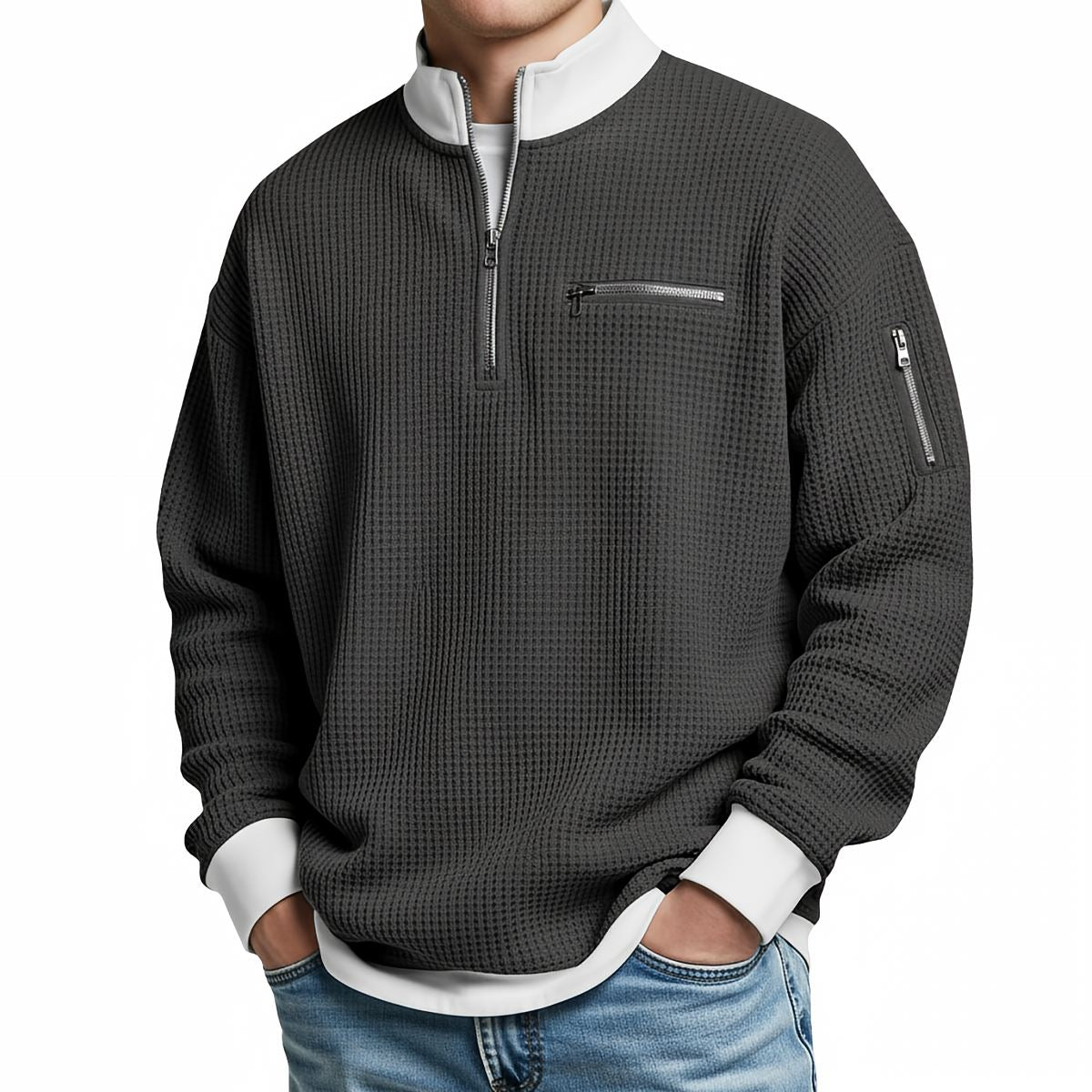 Waffle Knit Half-Zip Sweater - Charcoal